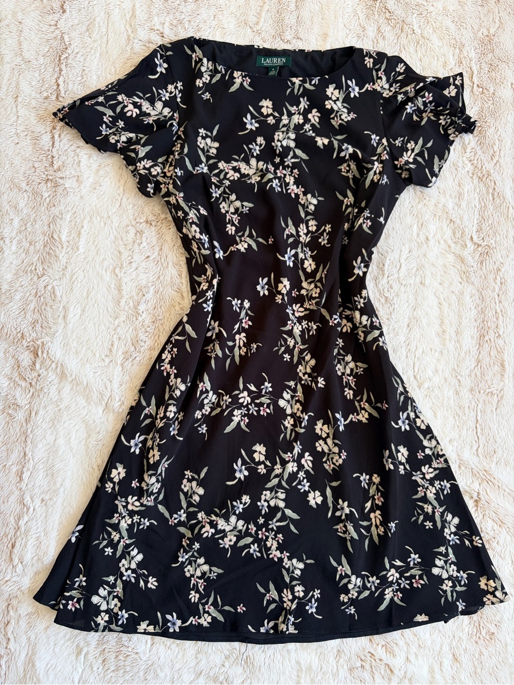 🖤 Ralph Lauren Black Floral Flutter Split Sleeve Fit & Flare Midi Dress Cottage